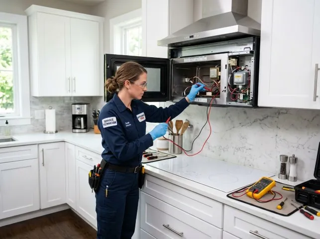 Appliance Repair Hero technician testing an over-the-range microwave in a Arcola, IL kitchen